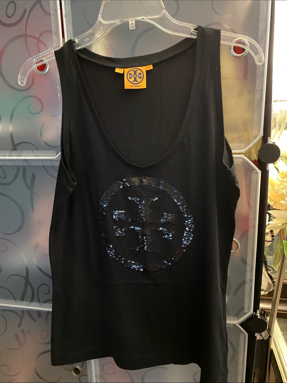 Tory Burch Black Sequin Logo Tank